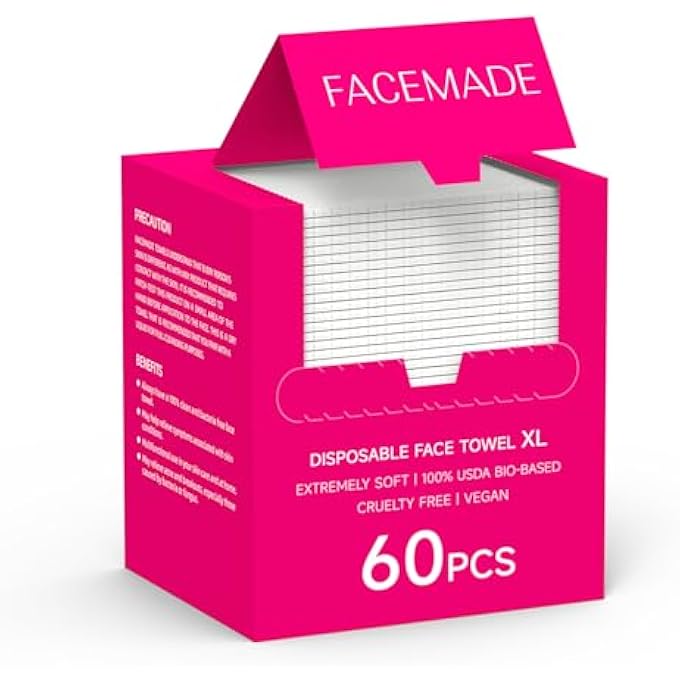 FACEMADE مناديل وجه قابلة للتخلص منها 60 قطعة 9.5" 7.9"، 100% مصنوعة من مواد حيوية معتمدة من وزارة الزراعة الأمريكية، مناديل وجه نظيفة للمكياج والبشرة النظيفة، مناديل جافة سميكة وناعمة للغاية - Image 1